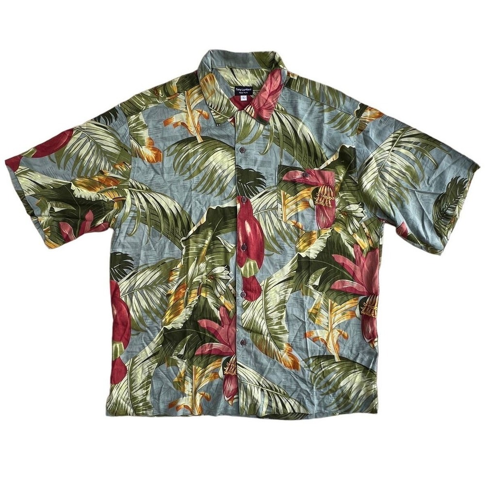 VTG Tony Lambert Hawaiian Shirt Mens L Blue Parrot Tropical Floral Button Down